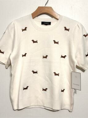 Anthropologie Cream Beige Dog Dachshund Sweater Puff Sleeve preppy old money  M